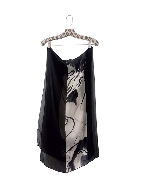 Vintage Accessories - Vintage Abstract Printed Paintery Artist Silk Black White